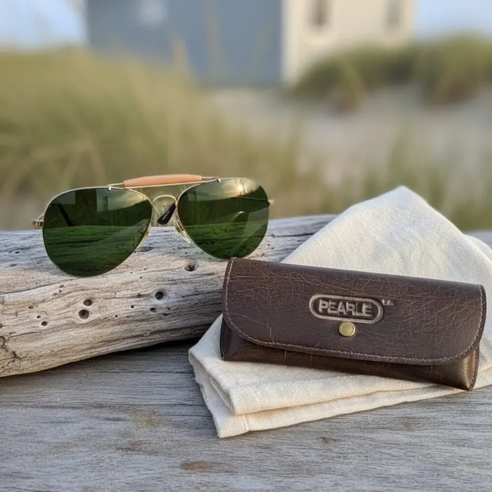 Vintage Opti-Ray Aviator Sunglasses-Green Lenses-Pearle Case-1970s-80s-Pilot-Mod